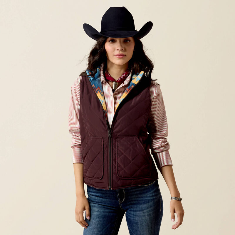 Ariat Ladies Dilon 2.0 Reversable Insulated Gilet - Choc Plum/Southwest Lakeside
